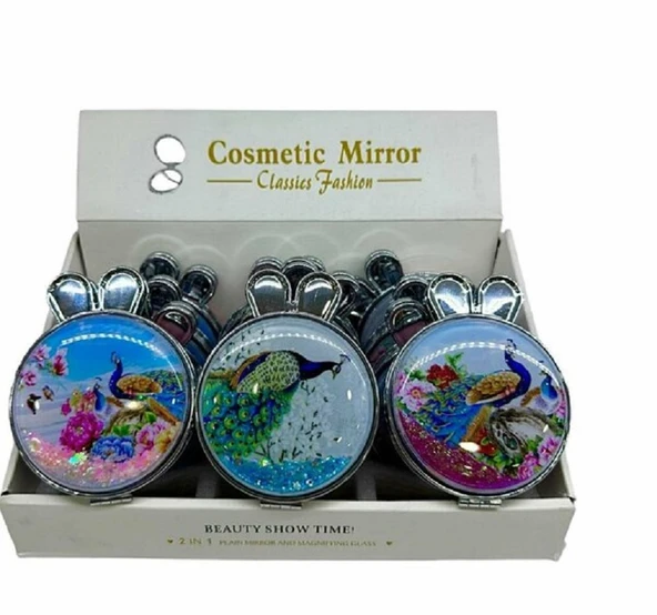 Tavus Kuşu Tasarımlı Simli Sulu Kozmetik Cep Çanta Aynası Kapaklı El Makyaj Aynası