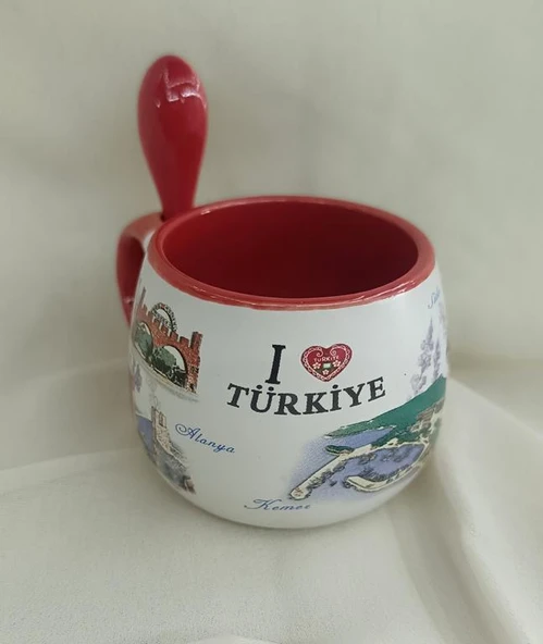 Bardak Kupa Seramik Kulplu Kaşıklı 100 ml Yöresel Meşrubat Su Kahve Bardağı Antalya Görselli - 4