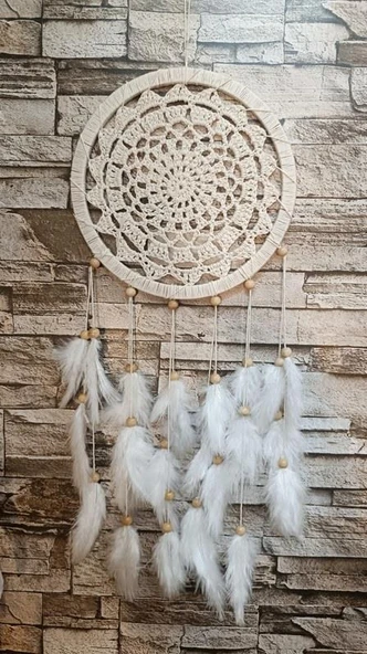 Düş Kapanı Makrome Dreamcatcher Ekru Kuş Tüyü Rüya Kapanı Duvar Süsü Elişi - 3