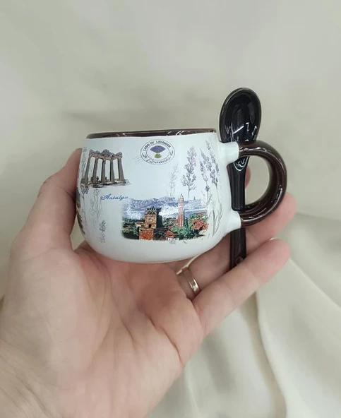 Bardak Kupa Seramik Kulplu Kaşıklı 100 ml Yöresel Meşrubat Su Kahve Bardağı Antalya Görselli - 2