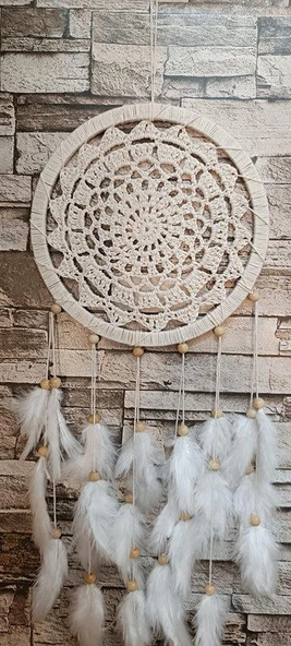 Düş Kapanı Makrome Dreamcatcher Ekru Kuş Tüyü Rüya Kapanı Duvar Süsü Elişi - 5