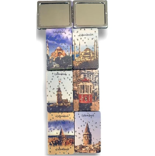 İstanbul Manzaralı Büyüteçli  Kozmetik Dikdörtgen Cep Çanta Aynası Kapaklı El Makyaj Aynası