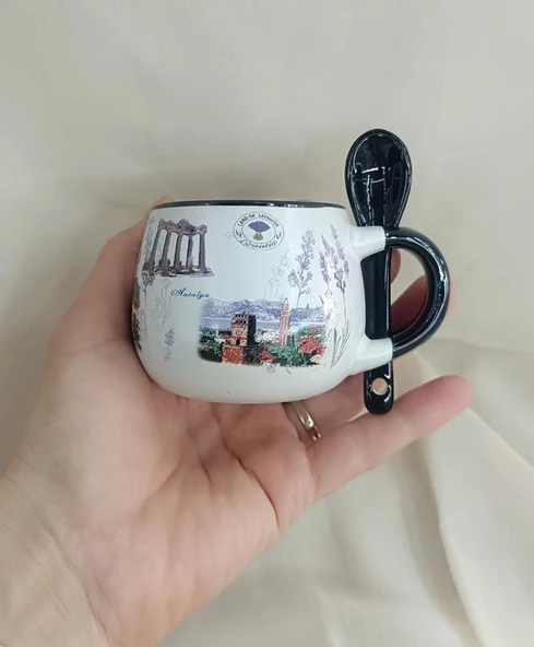Bardak Kupa Seramik Kulplu Kaşıklı 100 ml Yöresel Meşrubat Su Kahve Bardağı Antalya Görselli - 7