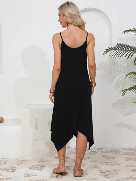 Kadın Ip Askılı Yuvarlak Yakalı Asimetrik Kesim Viskon Elbise - Resim 5