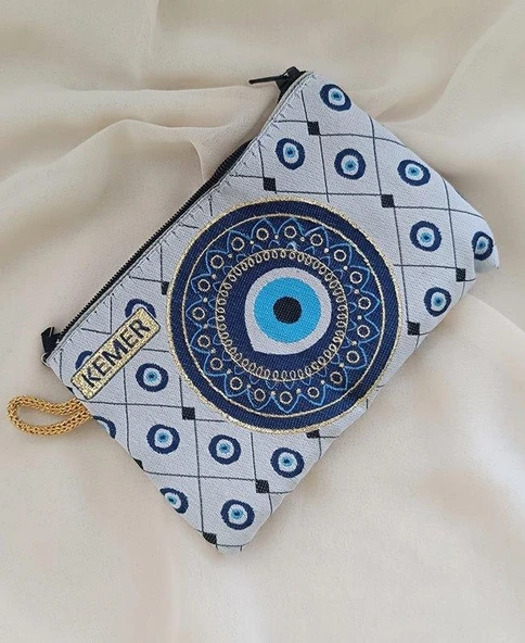 Cüzdan Nazar Kötü Göz Kemer Simgeli Simli Saplı Fermuarlı Kadın Cüzdanı 15x10 cm 18017 - Resim 2