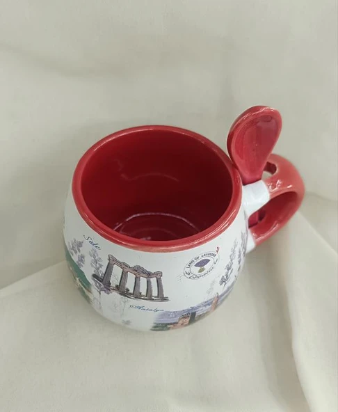 Bardak Kupa Seramik Kulplu Kaşıklı 100 ml Yöresel Meşrubat Su Kahve Bardağı Antalya Görselli - 3