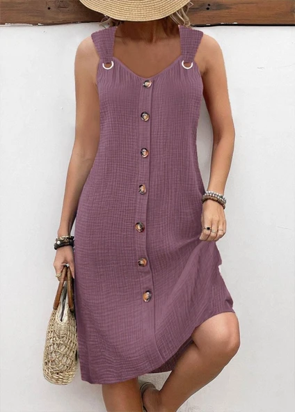 Kadın Askılı V Yakalı önden Düğmeli Narin Elbise ürün görseli