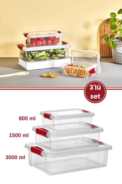3’lü Kilitli Kapaklı Saklama Kutusu Seti, Buzdolabı Düzenleyici Erzak Saklama Kabı (800,1500,3000ml) ürün görseli 1