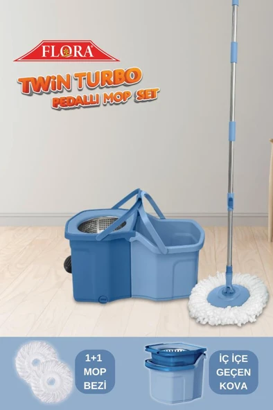 Twin Turbo Pedallı Çelik Mop Set, Temiz ve Kirli Suyu Ayıran Otomatik Temizlik Seti (1+1 Mop) Mavi ürün görseli 1
