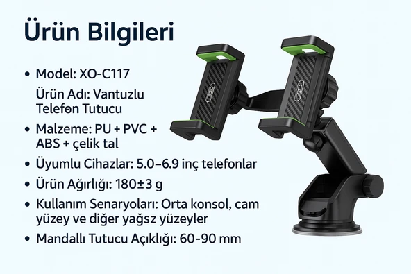 5.0-6.9 inç Uyumlu Çift Mandallı Vakumlu 360 Döner Telefon Tutucu - 3