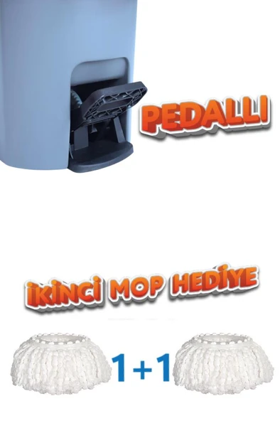 Twin Turbo Pedallı Çelik Mop Set, Temiz ve Kirli Suyu Ayıran Otomatik Temizlik Seti (1+1 Mop) Mavi - Resim 4