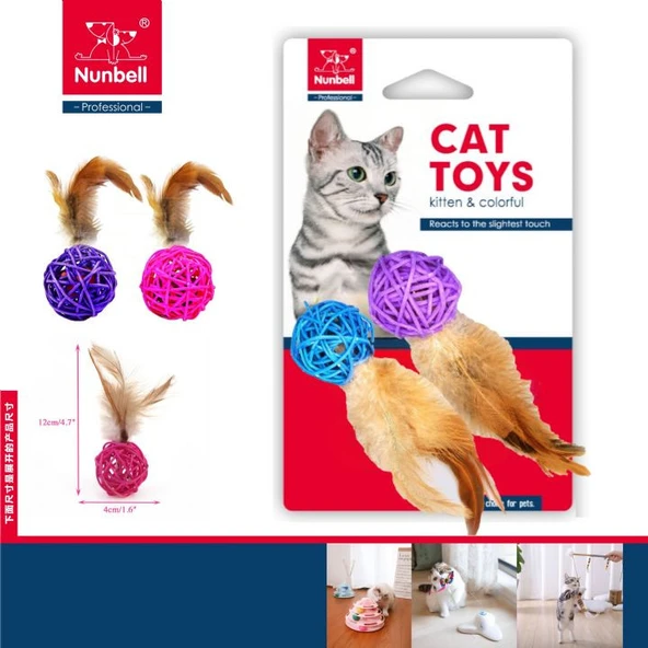 Nunbell Tüylü Renkli Bambu Top Kedi Oyuncağı 2'li 12 cm - 1