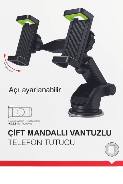 5.0-6.9 inç Uyumlu Çift Mandallı Vakumlu 360 Döner Telefon Tutucu