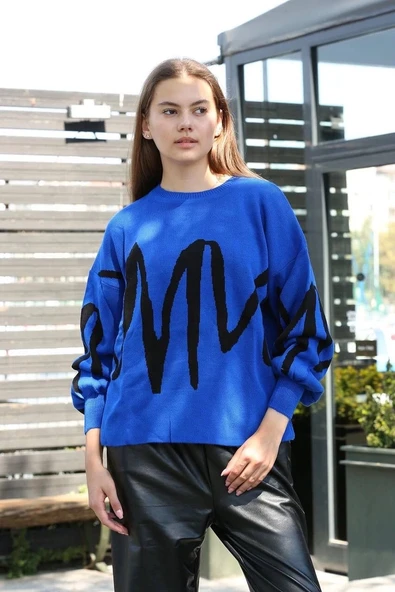 Siyah çizgili bisiklet yaka kazak Saks - 2