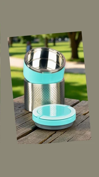 Tohana kulplu çelik sefer tası - yemek termosu saklama kabı 2 katlı turkuaz - Resim 2