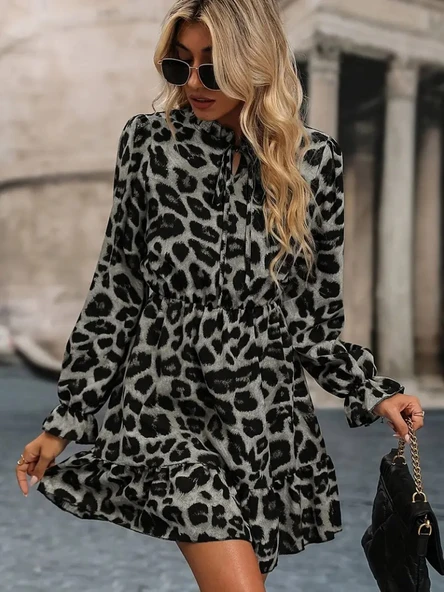 Kadın Uzun Kollu Yakadan Bağlamalı Beli Lastikli şardonlu Dalgıç Elbise ürün görseli