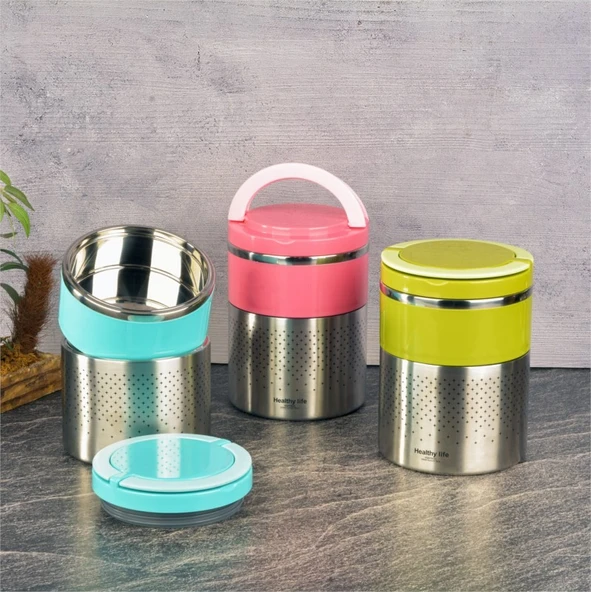 Tohana kulplu çelik sefer tası - yemek termosu saklama kabı 2 katlı turkuaz - Resim 4