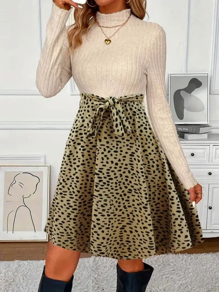 Kadın Uzun Kollu Balıkçı Yaka Belden Bağlamalı üst Kaşkorse Eteği Dalgıç Elbise ürün görseli