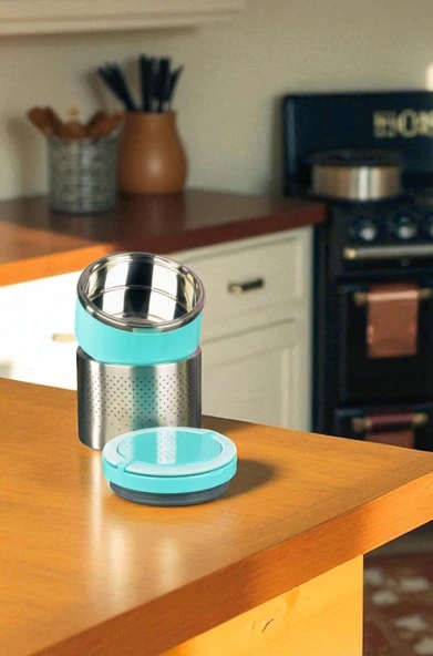 Tohana kulplu çelik sefer tası - yemek termosu saklama kabı 2 katlı turkuaz ürün görseli 1