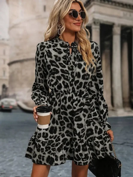 Kadın Uzun Kollu Yakadan Bağlamalı Beli Lastikli şardonlu Dalgıç Elbise - Resim 2