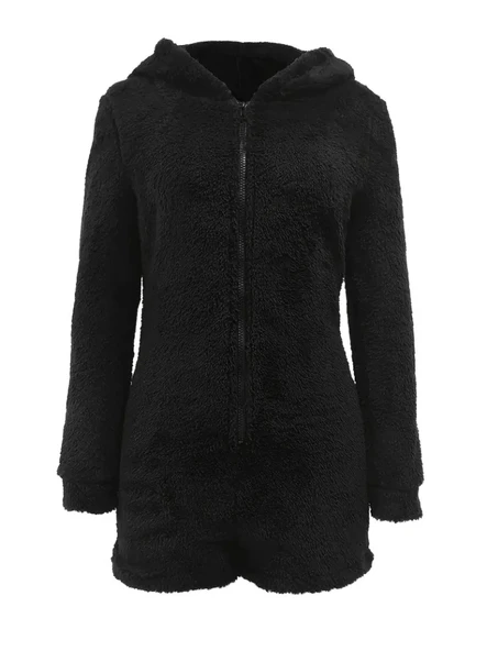 Kadın Uzun Kollu Kapişon Ve Fermuar Detaylı Peluş şort Tulum - Resim 5