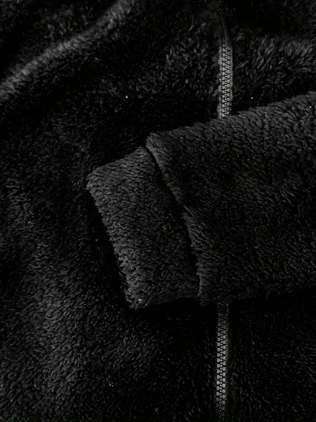 Kadın Uzun Kollu Kapişon Ve Fermuar Detaylı Peluş şort Tulum - Resim 4