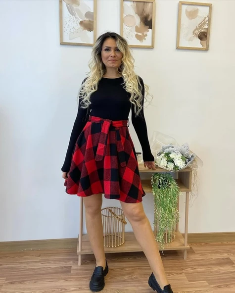 Kadın Uzun Kollu Bisiklet Yaka üst Viskon Alt Ekose Kısa Elbise - Resim 2