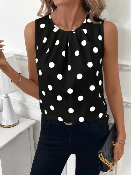 Kadın Askılı Yakası Büzgülü Puantiyeli Atlas Bluz - Resim 5