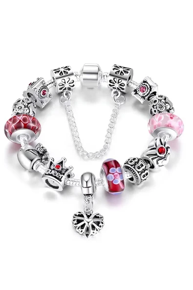 14K Altın Kaplama Avusturya Kristali Kalp Detaylı Pembe Quenn Charmlı Kadın Bileklik-20Cm ürün görseli