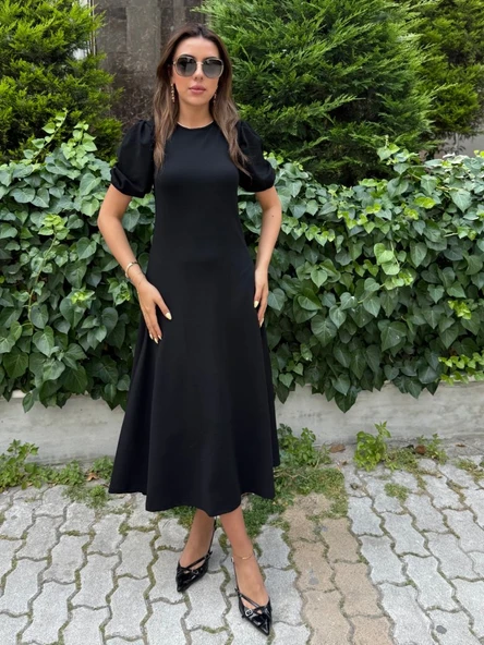 Kadın Kısa Balon Kollu Bisiklet Yaka Geniş Kesim Janjan Krep Elbise - Resim 4