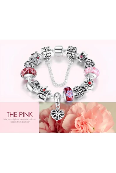 14K Altın Kaplama Avusturya Kristali Kalp Detaylı Pembe Quenn Charmlı Kadın Bileklik-20Cm - Resim 2