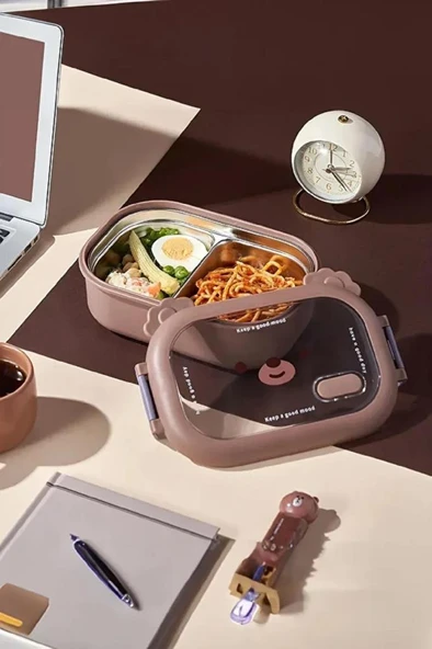 950 ml Beslenme Kutusu 2 Bölmeli Çelik Yemek Mama Saklama Kabı Okul Ofis Sefer Tası Çocuk Çantası - 2