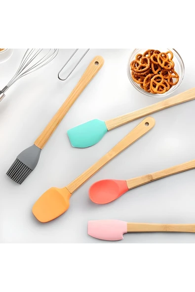 Mucit Home 5'li Renkli Bambu Saplı Silikon Uçlu Spatula Fırçalı Kaşık Seti Glrshop ürün görseli