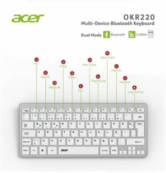 Acer OKR220 Beyaz MultiDevice Dual Mode 2.4GHZ Bluetooth Klavye (Smart Tv)(Android) - 3