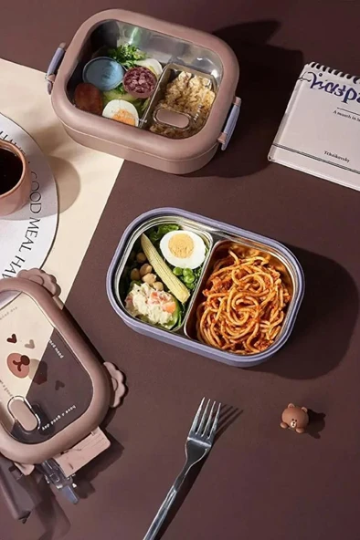 950 ml Beslenme Kutusu 2 Bölmeli Çelik Yemek Mama Saklama Kabı Okul Ofis Sefer Tası Çocuk Çantası - 5