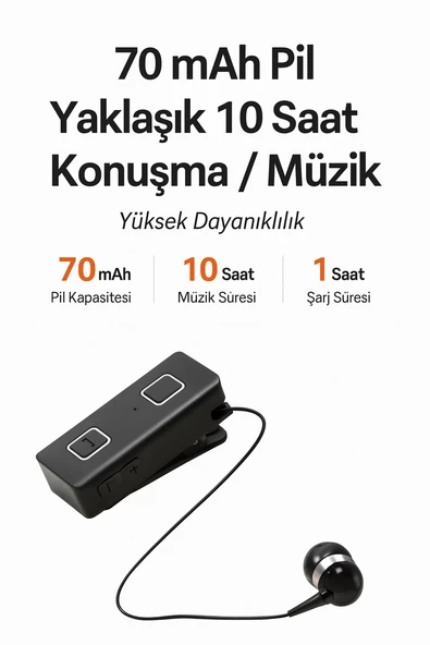 Makaralı Tekli Yaka Tipi Bluetooth 5.0 Kulaklık  Dahili Mikrofon 10 Gün Konuşma Süresi - 3