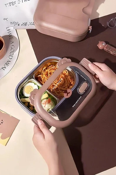 950 ml Beslenme Kutusu 2 Bölmeli Çelik Yemek Mama Saklama Kabı Okul Ofis Sefer Tası Çocuk Çantası - 8