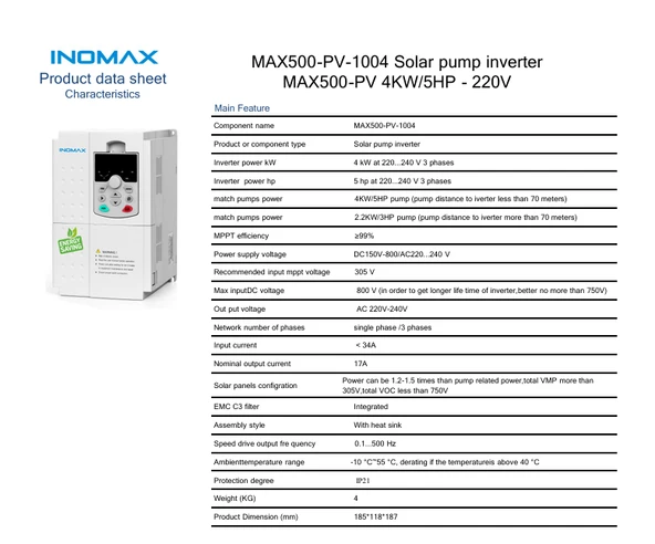 İnomax 4 kW 5,5 HP Monofaze Solar Pompa Sürücü İnverteri (3x220V) - Resim 2