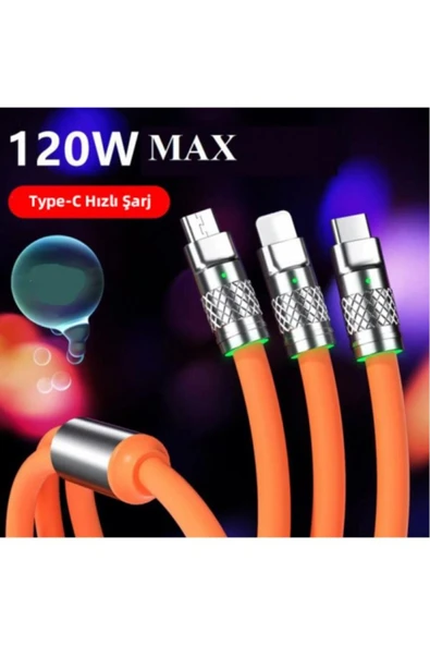 6A 120W 3 in 1 Usb to Type-C + Micro Usb + Lightning Hızlı Şarj Kablosu Silikon Kablo 1 Metre - 12