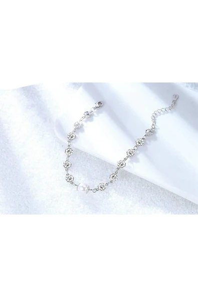 925 Ayar Ayarlanabilir Çiçek Tek İnci Tasarım Kadın Gümüş Bileklik - Resim 2