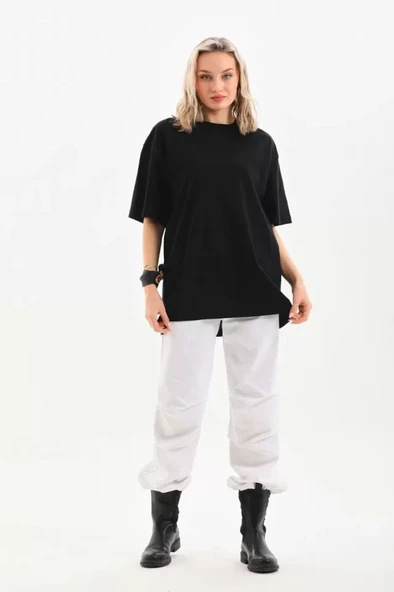 Unisex Bisiklet Yaka 20/1 Düz Oversize T-Shirt - Siyah - Resim 2