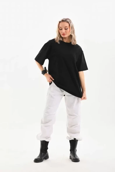 Unisex Bisiklet Yaka 20/1 Düz Oversize T-Shirt - Siyah - Resim 3