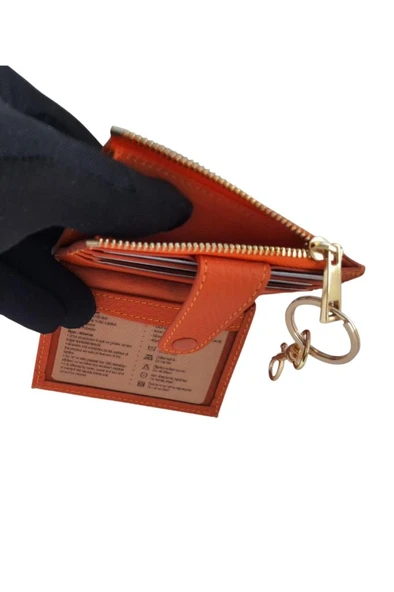 OLLEVRA Turuncu Hakiki Deri Kartlık & Anahtarlık – Çok Bölmeli, Fermuarlı Erkek / Kadın - Resim 8