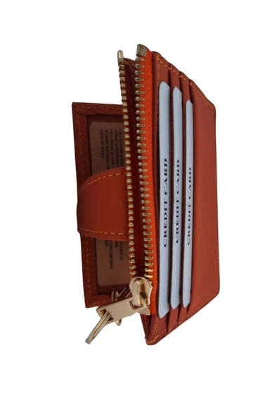 OLLEVRA Turuncu Hakiki Deri Kartlık & Anahtarlık – Çok Bölmeli, Fermuarlı Erkek / Kadın - Resim 4