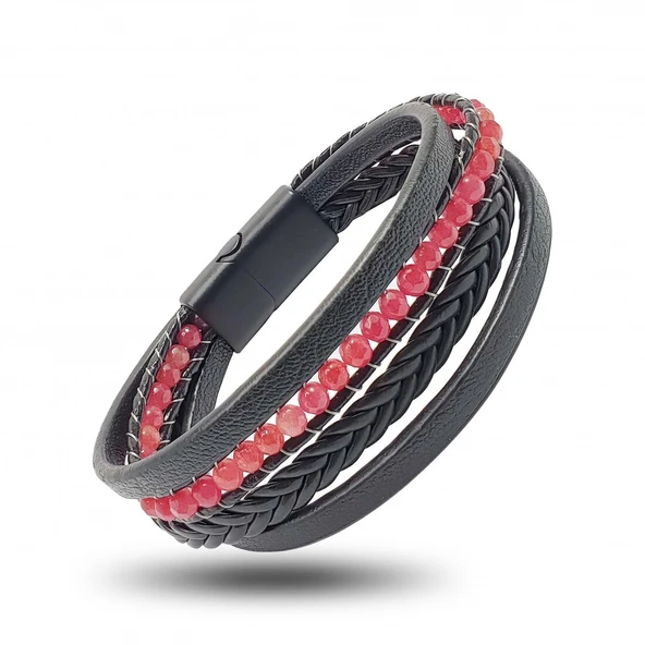 Faset Kırmızı Akik Doğaltaş Ve Deri Bileklik 31832B9D15 ürün görseli 1