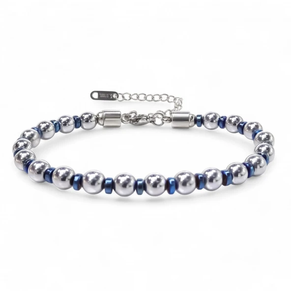 Gümüş Ve Mavi Renkli Hematit Ayaranabilir Çelik Zincir Bileklik 31832B10D8 ürün görseli 1
