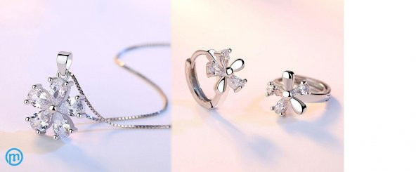 925 Ayar Kristal Taşlı Çiçek Tasarım Gümüş Kolye Küpe Seti - 2