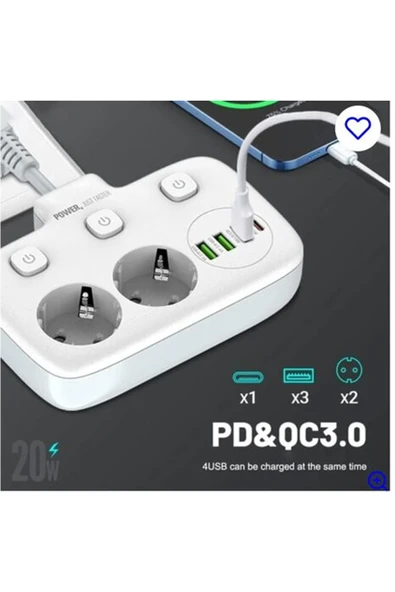 Akım Korumalı 2’li Ayrı Anahtarlı Priz, 2x Priz, 3x Usb, 1x Type-c, 2 Mt Kablo, Hızlı Şarj - 2