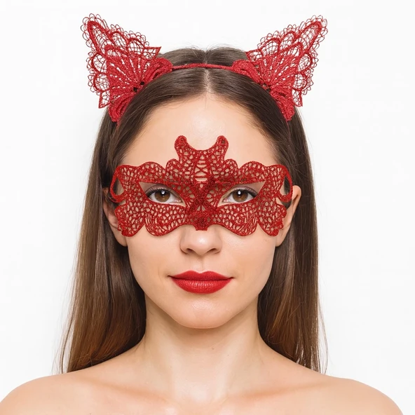 Ateş Kırmızısı Dantel Taç Ve Maske Seti 10 No - Maskeli Balo  Özel Gün Seti ürün görseli 1