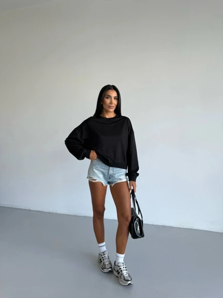 2 iplik bisiklet yaka sweat siyah f2339 - 5